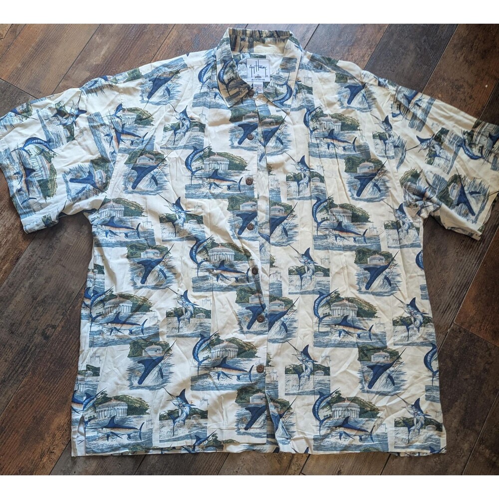 Guy Harvey AFTCO Bluewater Marlin Fish Print Shirt Size XL Cotton Rayon